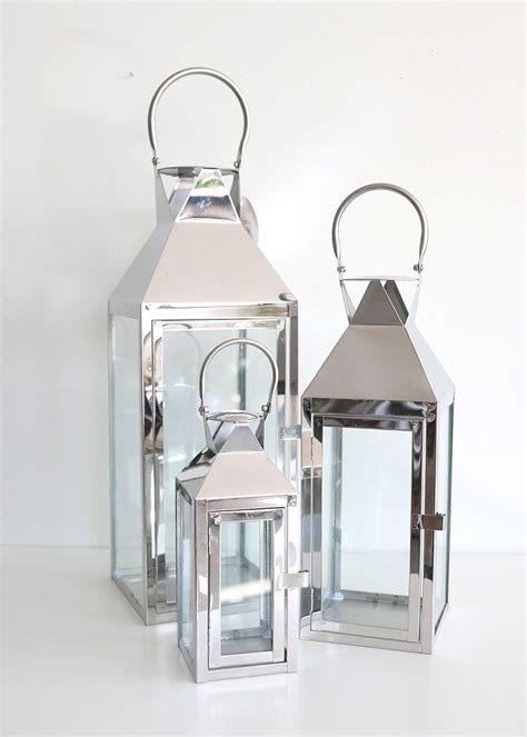 Set Of 3 Decorative Silver Metal Candle Lanterns Metal Candle