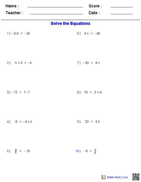 One Step Equations Worksheet Free