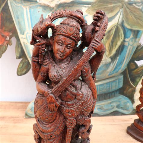 Large Carved Sandalwood Hindu Goddess Sarawasti And Laksmi And Lord Krishna