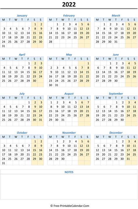 2022 Yearly Calendar