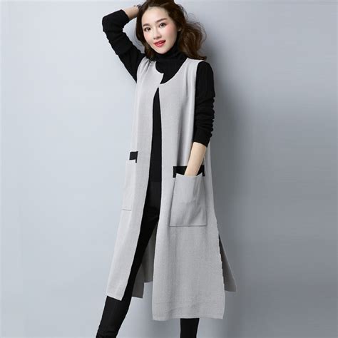 2017 autumn new women long cardigan sleeveless wool knitted vest fashion knee length split hem