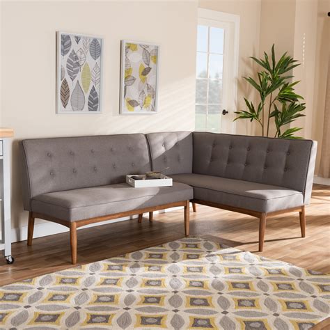 Baxton Studio Arvid Mid Century Modern Gray Fabric Upholstered Piece Wood Dining Corner Sofa