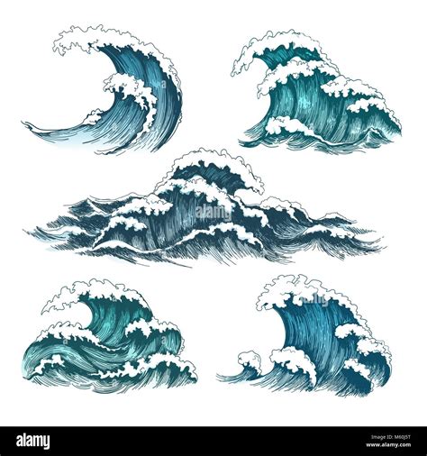 Sea Waves Vintage Cartoon Ocean Tidal Storm Waves Isolated On White