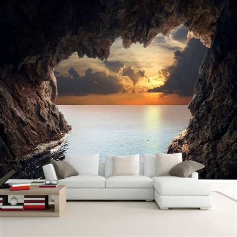 3d Custom Photo Cave Opening Sunrise Sea Wallpaper Stereoscopic Mural Beddingandbeyondclub