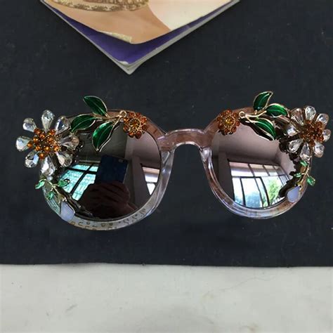 2017 New Fashion Baroque Women Girls Crystal Flower Sunglasses Retro Brand Luxury Gems Leaf