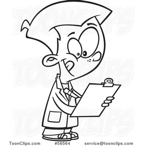 Cartoon Outline Boy Wearing A Lab Coat And Writing On A Clipboard