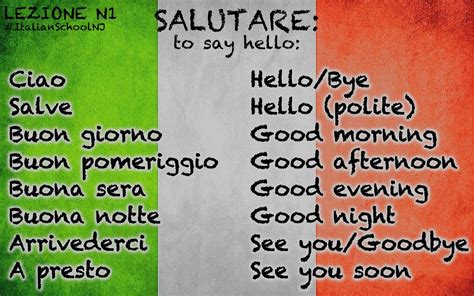 Vocabolario Italian Greetings Saluti Imparare Litaliano Italia