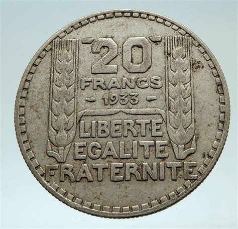 1933 France Authentic Large Silver 20 Francs Vintage French Motto Coin