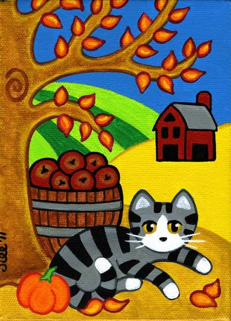 Grey Tabby Cat In Fall By Jill West Dipinti Gatto Gatti Soriani