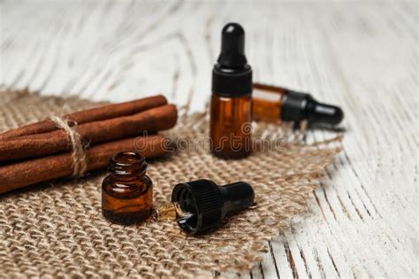 Bottles With Cinnamon Oil Powder And Sticks Stock Image Image Of