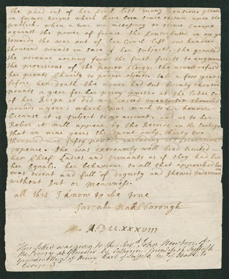 Handwritten Testimony By Sarah Churchill Duchess Of Marlborough