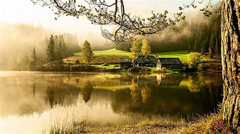 Hd Wallpaper Country House Lake Morning Quiet Beautiful Scenery