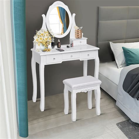 White vanity set for bedroom. Gymax Bedroom Wooden Mirrored Makeup Vanity Set Stool ...