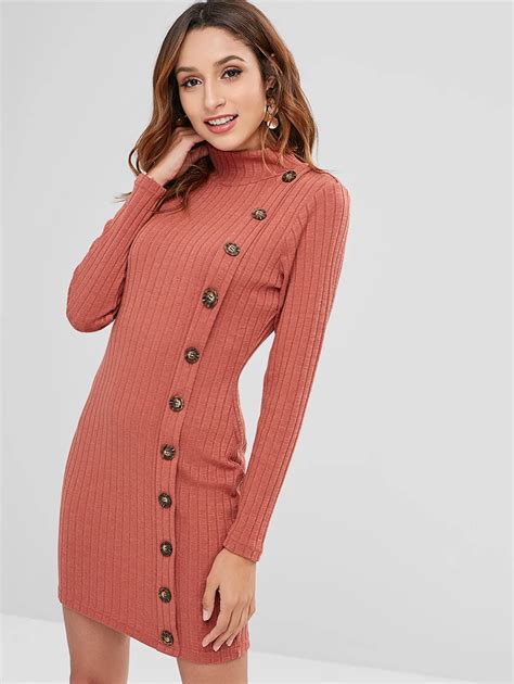 Zaful Turtleneck Buttons Knitted Sweater Dress 2018 Winter Dress Women