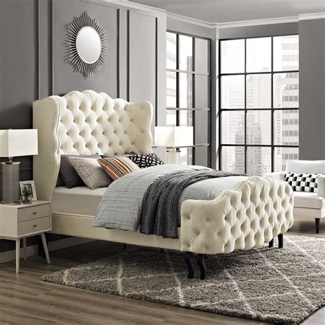 Vintage Velvet Platform Bed Ivory Upholstered Platform Bed