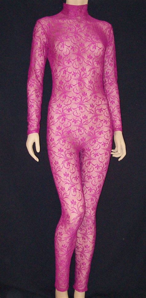 Fuchsia Magenta Sheer Stretch Lace Unitard Catsuit Bodysuit Etsy Unitard Jumpsuit Fitted