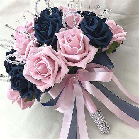 Brides Posy Bouquet Navy Blue And Baby Pink Roses Artificial Wedding
