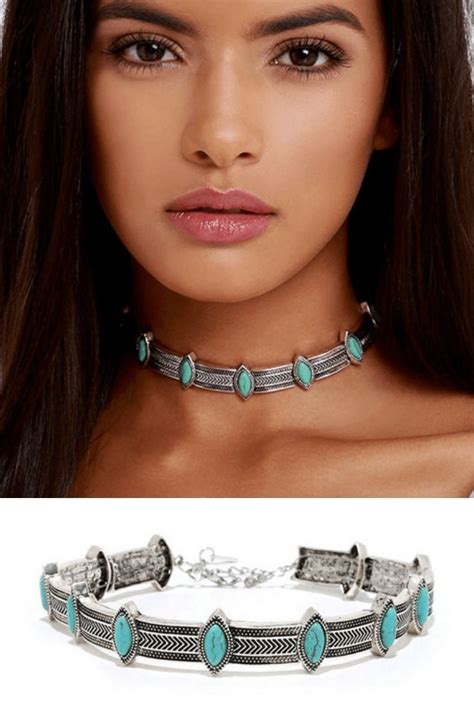 Turquoise Choker Boho Silver Necklace Ushoptwo In Turquoise