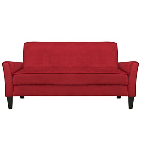 A Red Couch Sitting On Top Of A White Floor