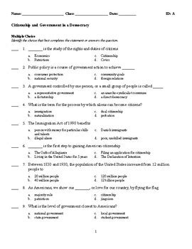 Civics Citizenship And Government In A Democracy Test Tpt