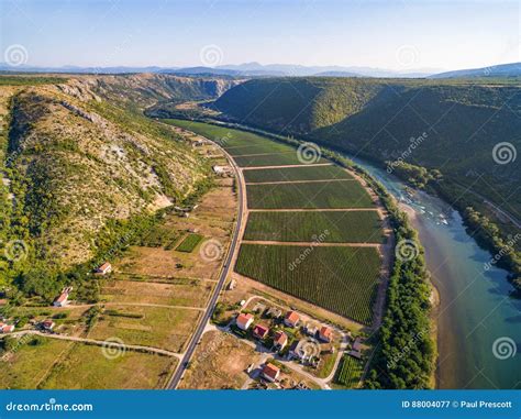 Aerial View Of Hills And Plantation Next To Neretva River In Bosnia And