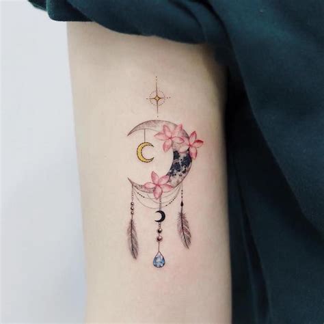 Crescent Moon Pink Flowers Small Dreamcatcher Tattoo Back Of Arm