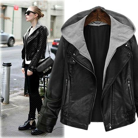 Womens Fashion Loose Hooded Leather Jacket Large Size All Match Coat