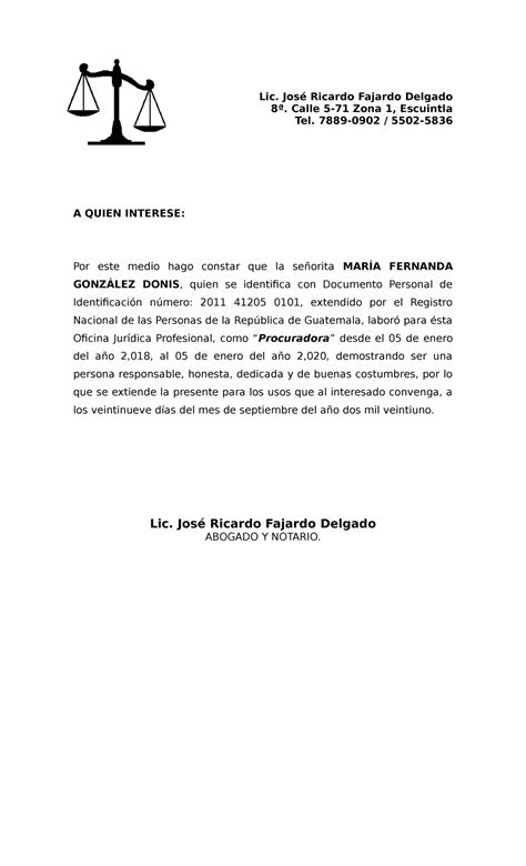 Carta De Constancia De Trabajo Lic José Ricardo Fajardo Delgado 8ª
