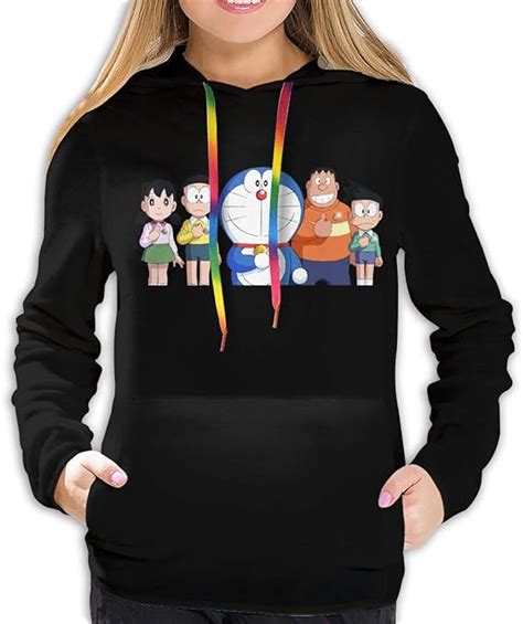 Aooedm Women New Doraemon Squad Hoodie Sweater With Pocket Black