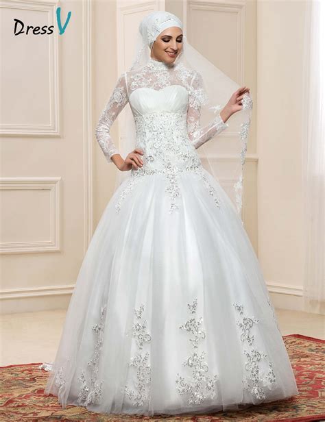 Buy Long Sleeve Muslim Turtleneck Wedding Dresses Ball Gown Hijab Sequin Lace