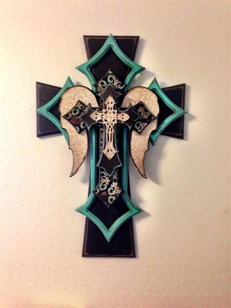 Gold And Teal On Black Angel Wings Cross By Teresa Woods Nabors