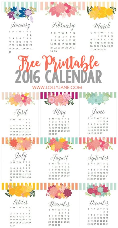 2016 Free Printable Calendar Lolly Jane