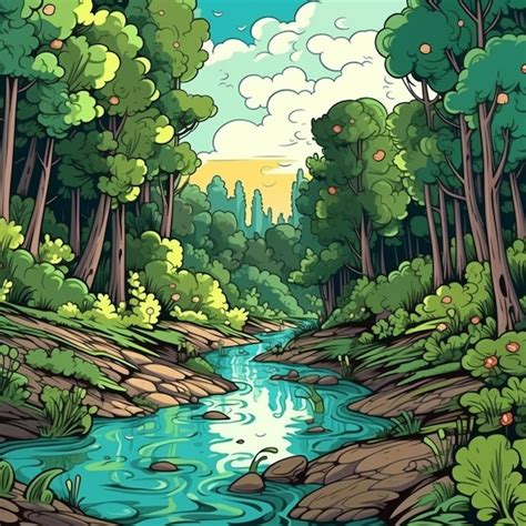 Premium Photo Cartoon River In The Forest With Trees And Bushes