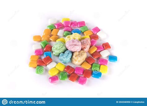 Six Pieces Of Chewed Bubble Gum Surrounded By Unchewed Squares Stock