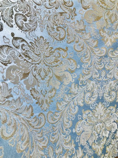 New Designer Brocade Satin Fabric Blue And Gold Upholstery Damask