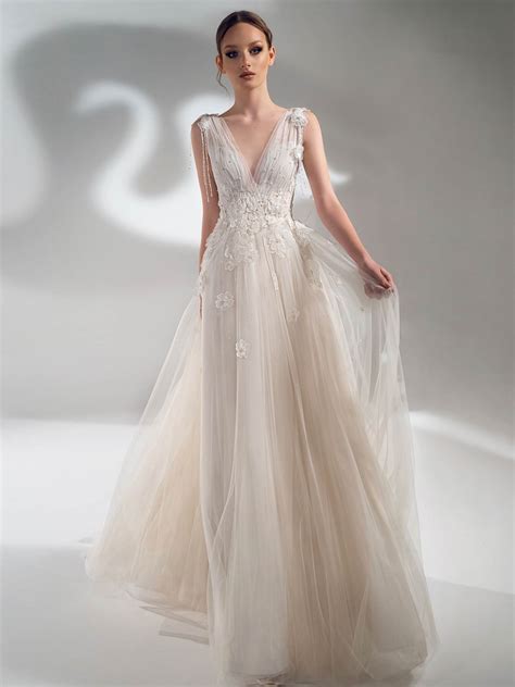 V Neck A Line Wedding Dress With 3d Flowers