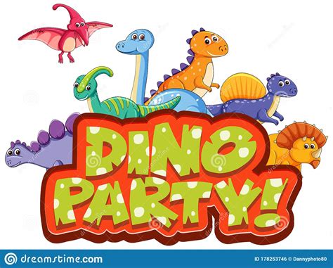 Font Design For Word Dino Party With Many Dinosaurs On