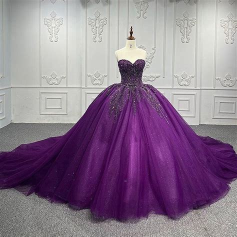 Purple Princess Wedding Dresses Glitter Lace Appliques Bead Strapless