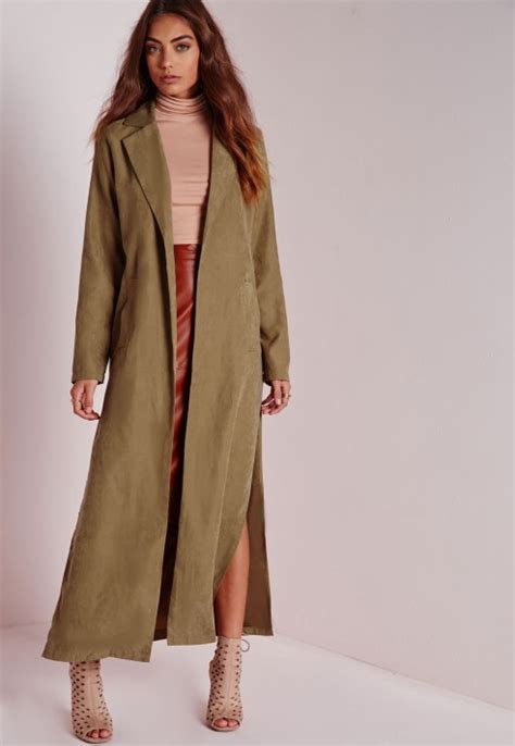 Lyst Missguided Peached Side Split Maxi Duster Coat Khaki In Natural
