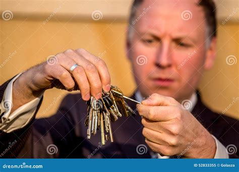 Businessman Choosing The Right Key Stock Image Image Of Retro Brass