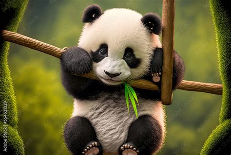 Cute And Humorous Baby Panda Hanging From Bamboo Generative Ai Stock
