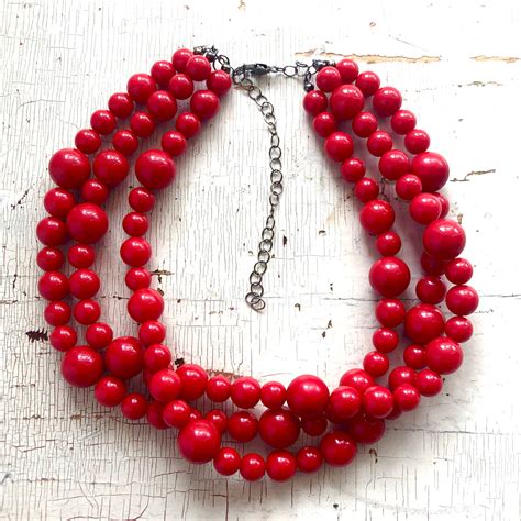 Cherry Red Beaded Multi Strand Morgan Necklace Sustainable Vintage