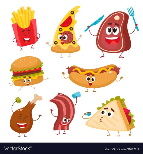 Set Of Funny Cartoon Fast Food Characters Vector Image