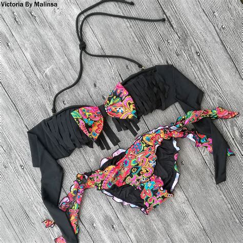 Bow Tassel Top Bikini For Women Sexy Secret Swimsuit Biquini Black Printing Bottom Brazilian