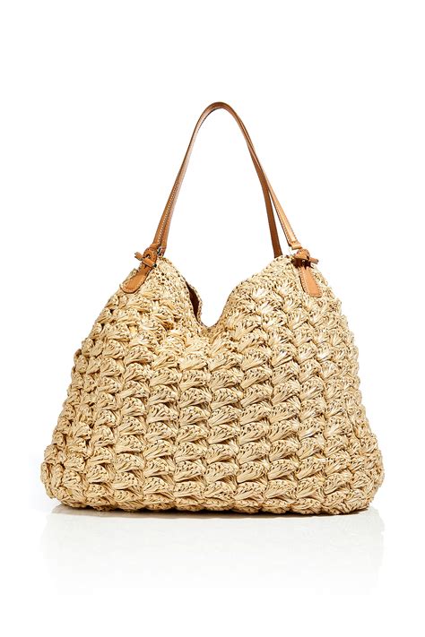 Main compartment with magnetic closure. Ermanno Scervino Textural Woven Raffia Tote with Leather ...