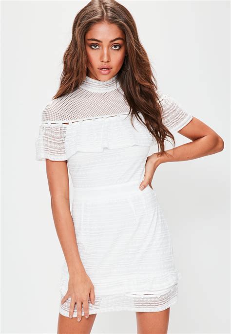Lyst Missguided Petite White Frill Lace Button Detail Mini Dress In White