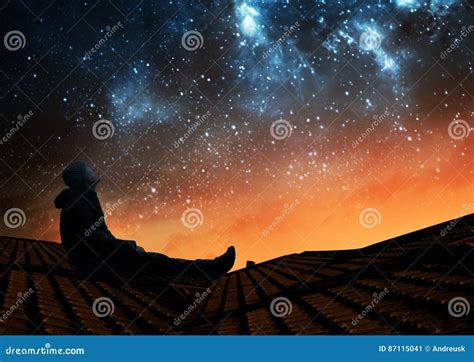 Man Watching The Stars Stock Image Image Of Roof Night 87115041