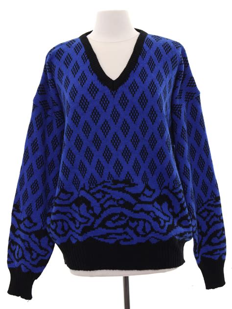 80s Retro Sweater 80s Rafael Womens True Blue And Black Acrylic Wool