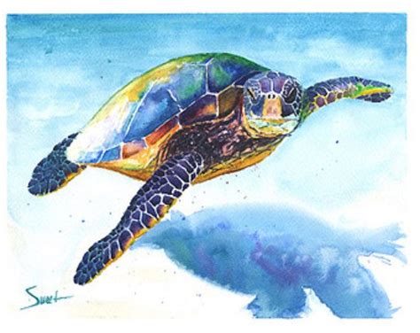 Blue Sea Turtle Watercolor Painting Print By Slaveika Aladjova Art