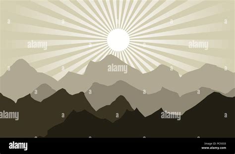 Sunrise Sunburst Hill And Mountain Landscape Illustration Stock Vector